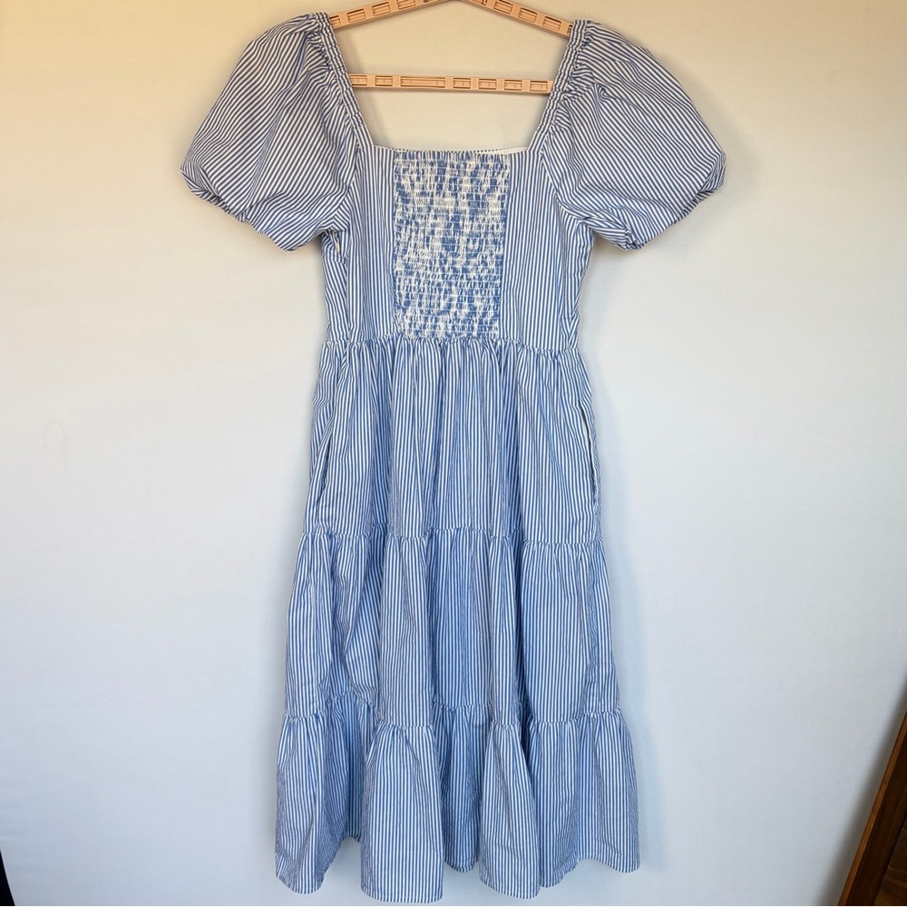 J. Crew Midi Dress Sz 8 Blue White Stripe Cotton Tiered Puff Sleeve SU24 Cottage - Picture 12 of 15